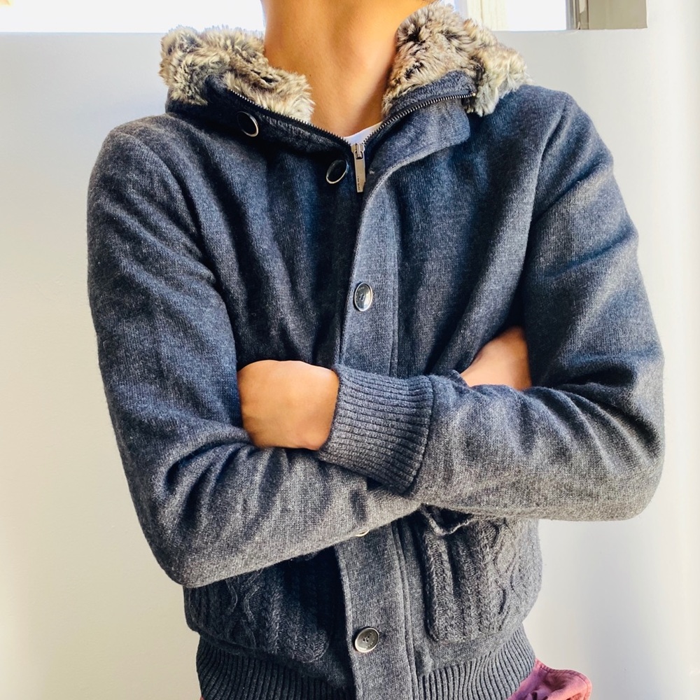 Zara Man Dark Gray Bomber Jacket w/ Faux Fur Hood